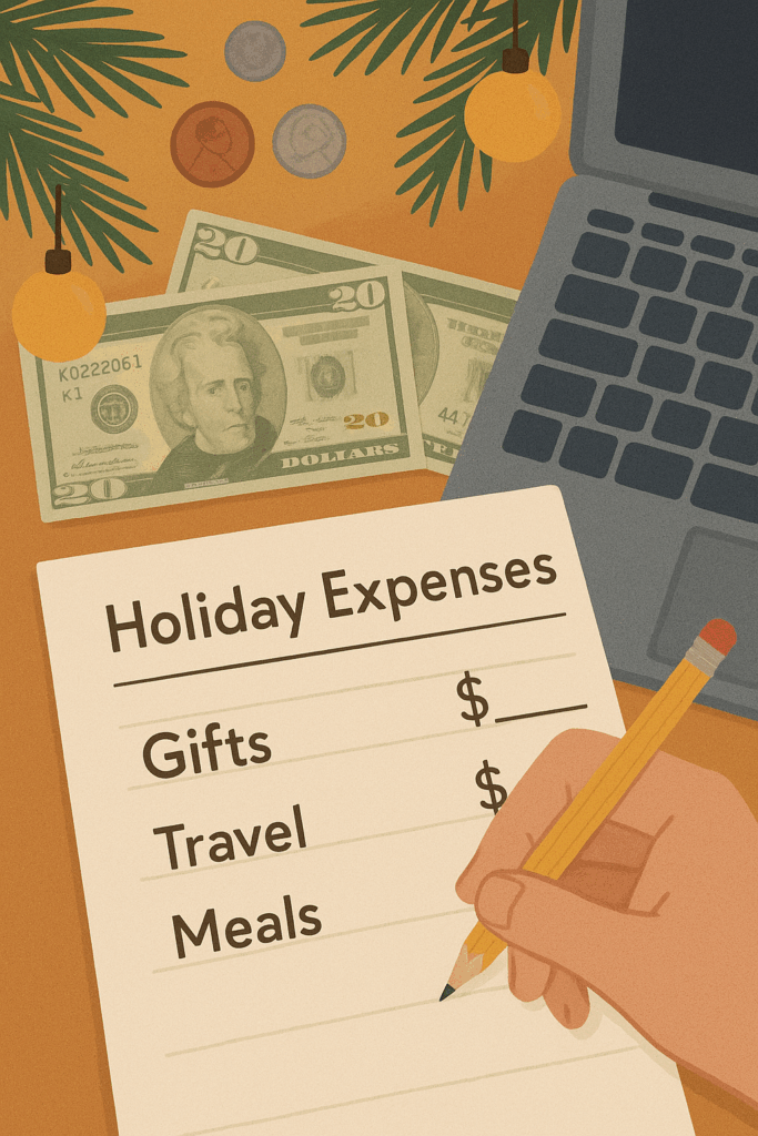 Holiday budget checklist with gifts travel and meals next to cash laptop and ornaments highlighting a planned loan payment and no prepayment penalties
