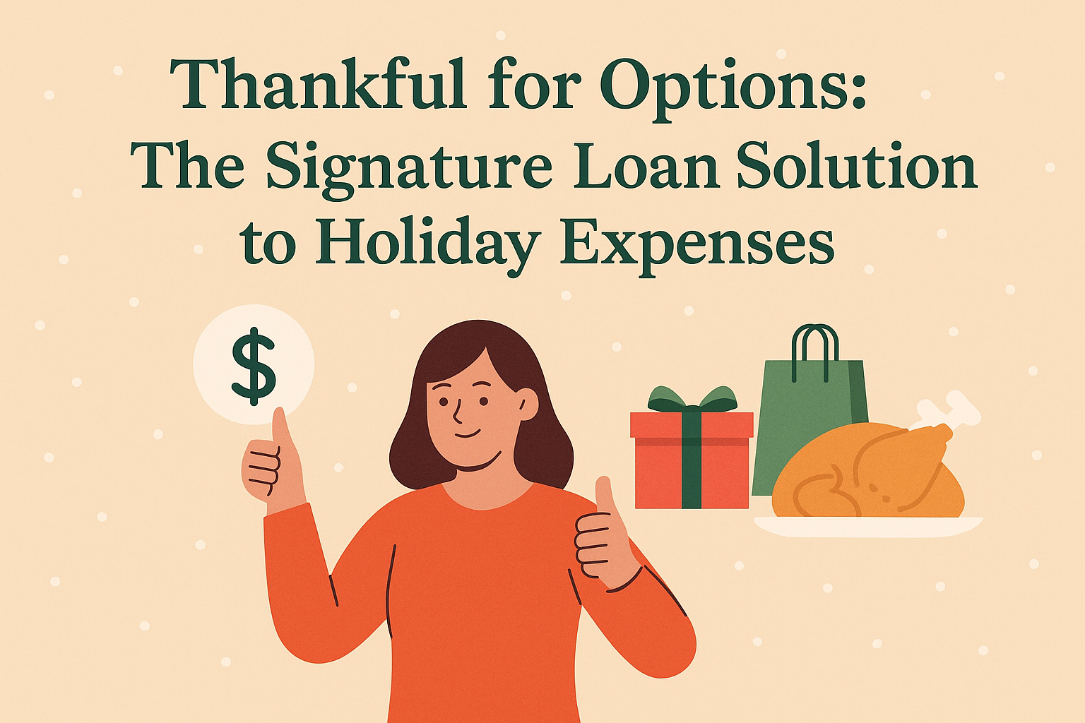 Holiday shopper calmly applying for a signature loan on a phone with soft snow outside and a stress free mood