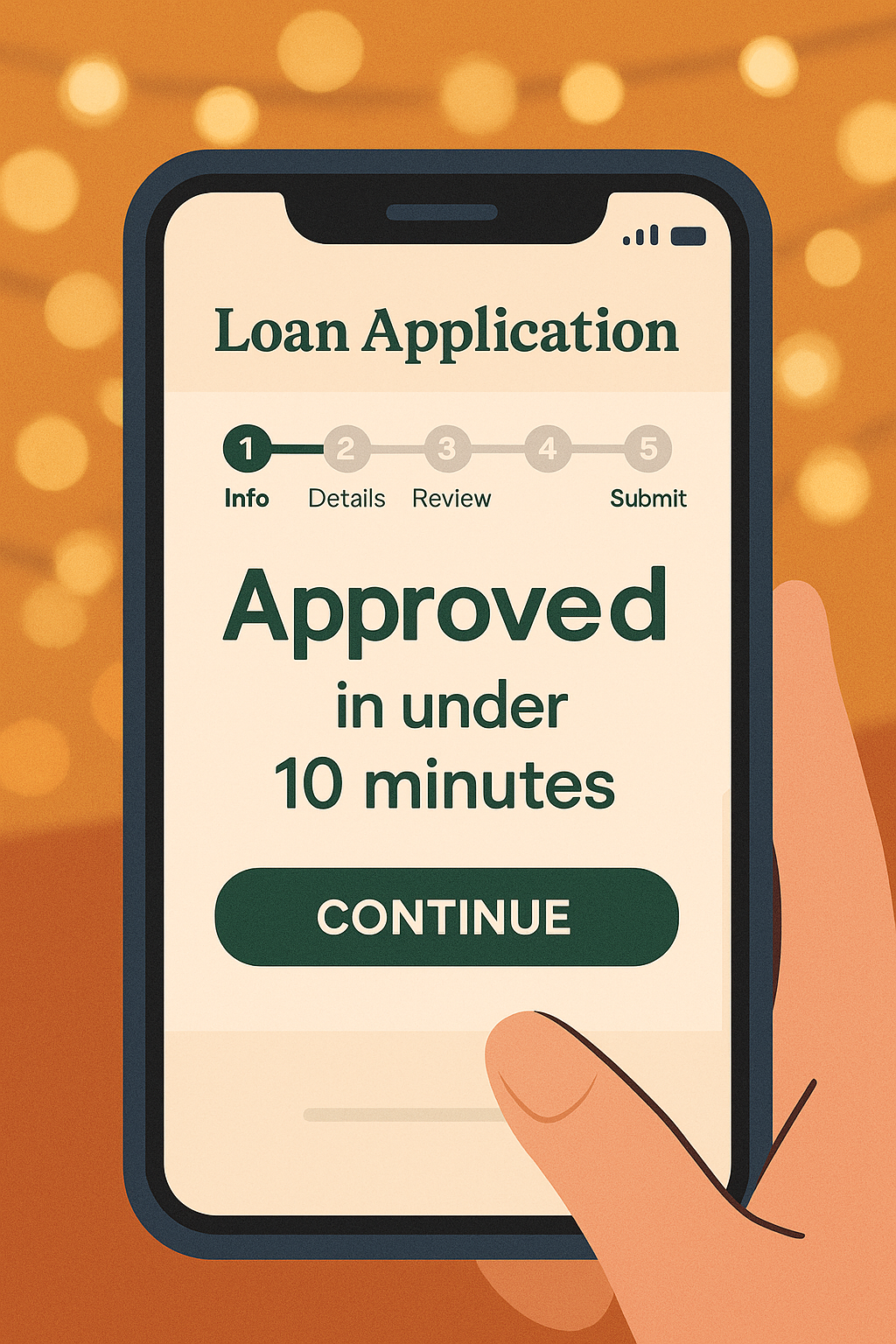 Phone screen showing a simple signature loan application approved in under 10 minutes with festive lights in the background